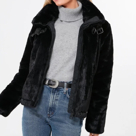 SAM Denver Black Faux Fur Moto Bomber Jacket women's large - Picture 4 of 8